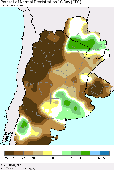 Southern South America Percent of Normal Precipitation 10-Day (CPC) Thematic Map For 10/26/2022 - 11/5/2022