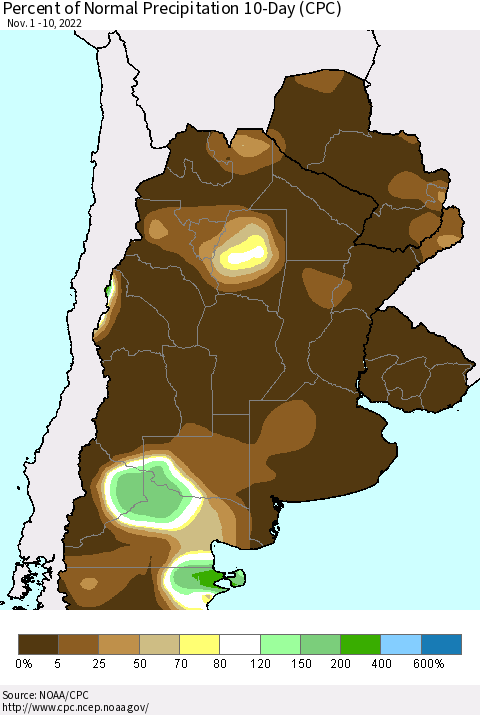 Southern South America Percent of Normal Precipitation 10-Day (CPC) Thematic Map For 11/1/2022 - 11/10/2022