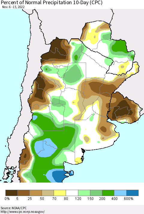 Southern South America Percent of Normal Precipitation 10-Day (CPC) Thematic Map For 11/6/2022 - 11/15/2022