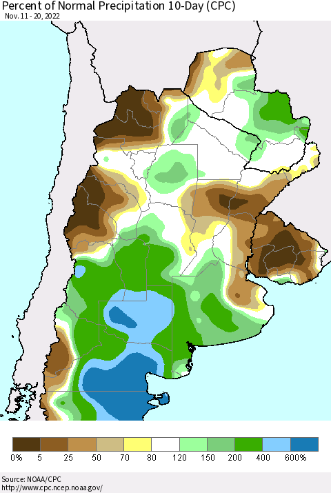 Southern South America Percent of Normal Precipitation 10-Day (CPC) Thematic Map For 11/11/2022 - 11/20/2022