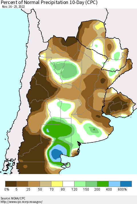 Southern South America Percent of Normal Precipitation 10-Day (CPC) Thematic Map For 11/16/2022 - 11/25/2022