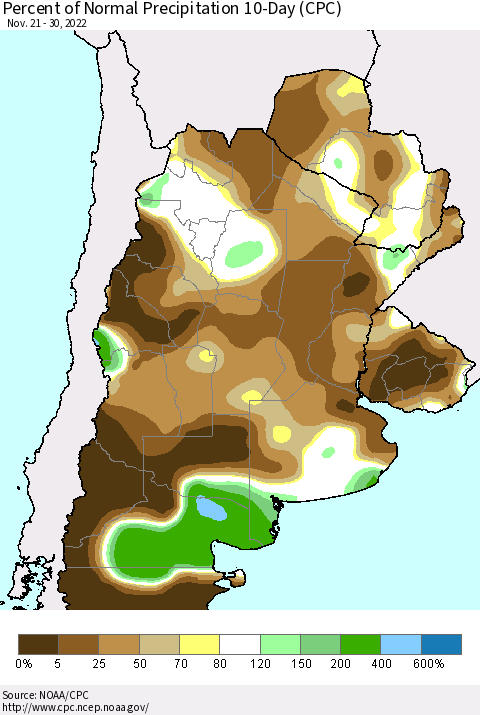 Southern South America Percent of Normal Precipitation 10-Day (CPC) Thematic Map For 11/21/2022 - 11/30/2022