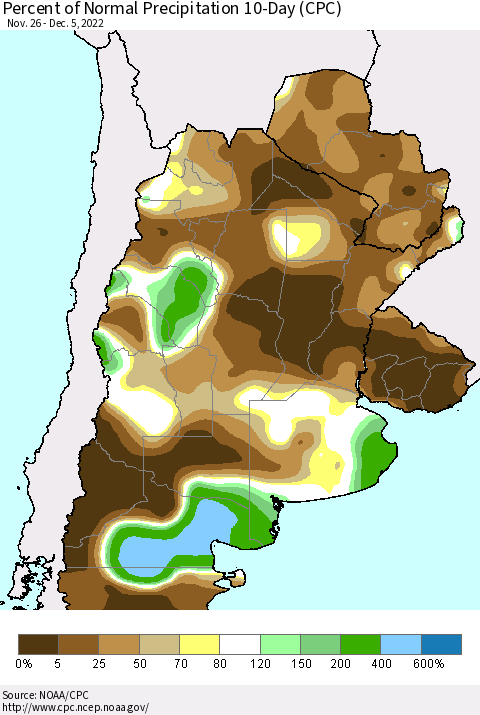 Southern South America Percent of Normal Precipitation 10-Day (CPC) Thematic Map For 11/26/2022 - 12/5/2022