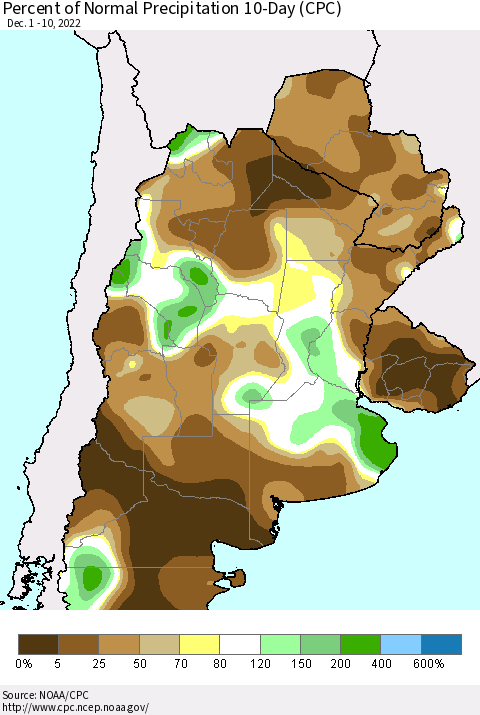 Southern South America Percent of Normal Precipitation 10-Day (CPC) Thematic Map For 12/1/2022 - 12/10/2022