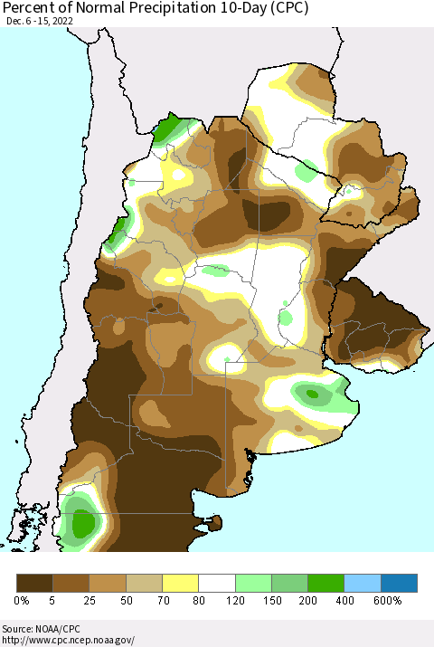 Southern South America Percent of Normal Precipitation 10-Day (CPC) Thematic Map For 12/6/2022 - 12/15/2022