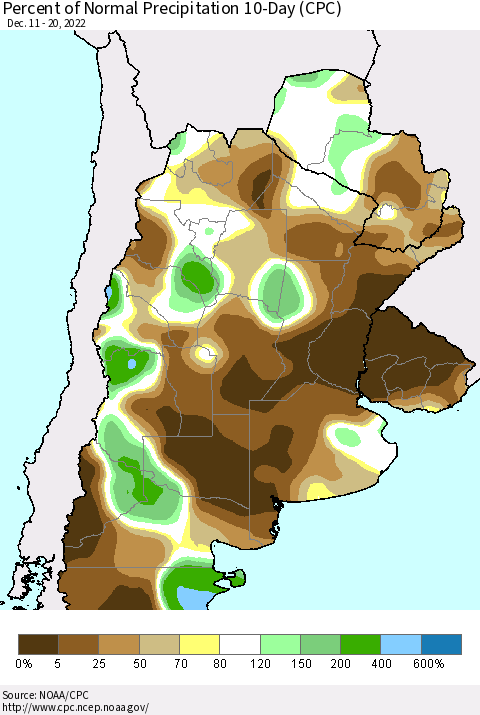 Southern South America Percent of Normal Precipitation 10-Day (CPC) Thematic Map For 12/11/2022 - 12/20/2022