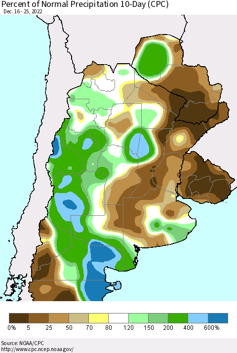 Southern South America Percent of Normal Precipitation 10-Day (CPC) Thematic Map For 12/16/2022 - 12/25/2022