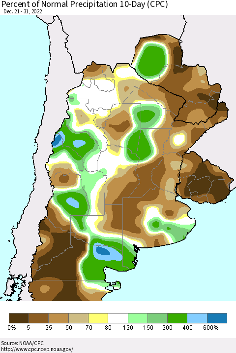Southern South America Percent of Normal Precipitation 10-Day (CPC) Thematic Map For 12/21/2022 - 12/31/2022