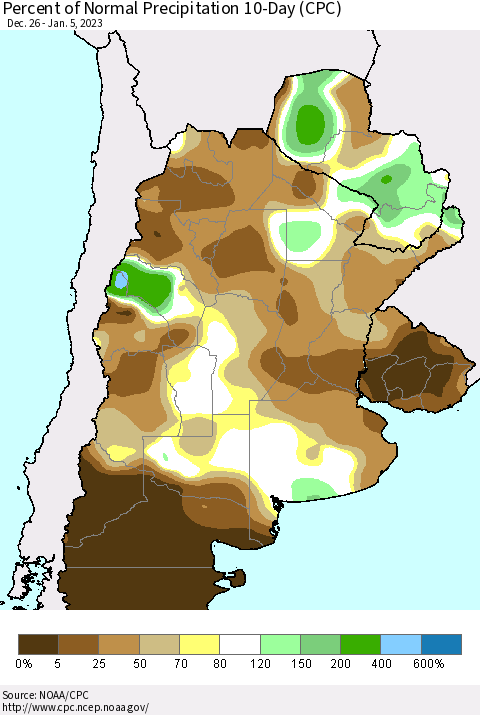 Southern South America Percent of Normal Precipitation 10-Day (CPC) Thematic Map For 12/26/2022 - 1/5/2023