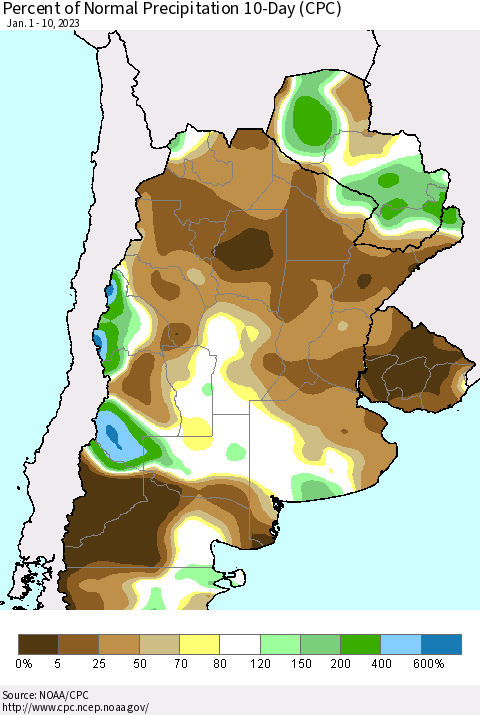 Southern South America Percent of Normal Precipitation 10-Day (CPC) Thematic Map For 1/1/2023 - 1/10/2023
