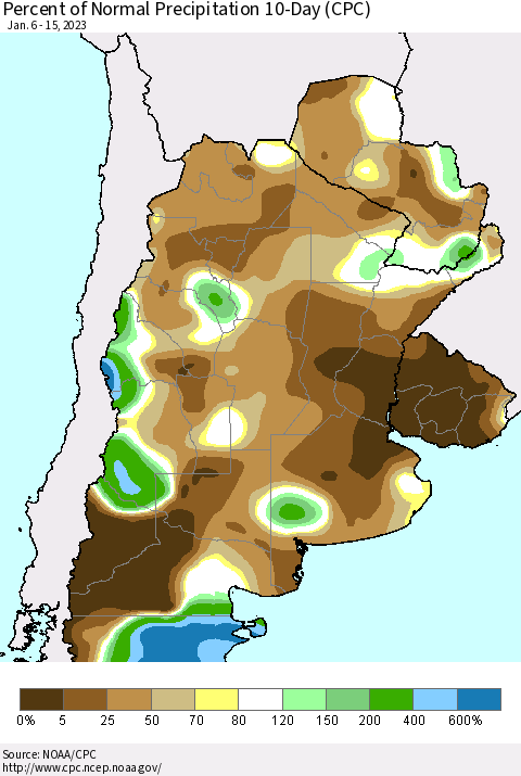 Southern South America Percent of Normal Precipitation 10-Day (CPC) Thematic Map For 1/6/2023 - 1/15/2023