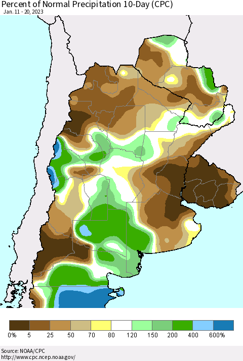 Southern South America Percent of Normal Precipitation 10-Day (CPC) Thematic Map For 1/11/2023 - 1/20/2023