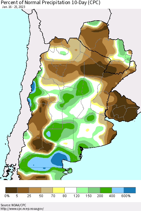 Southern South America Percent of Normal Precipitation 10-Day (CPC) Thematic Map For 1/16/2023 - 1/25/2023