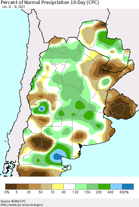 Southern South America Percent of Normal Precipitation 10-Day (CPC) Thematic Map For 1/21/2023 - 1/31/2023