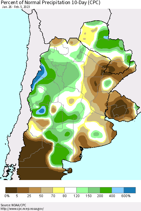 Southern South America Percent of Normal Precipitation 10-Day (CPC) Thematic Map For 1/26/2023 - 2/5/2023