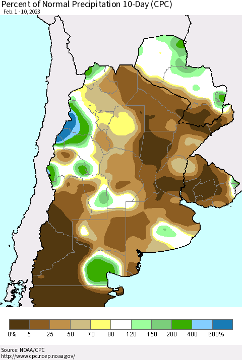 Southern South America Percent of Normal Precipitation 10-Day (CPC) Thematic Map For 2/1/2023 - 2/10/2023