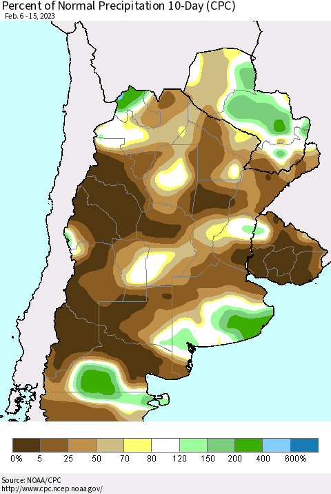 Southern South America Percent of Normal Precipitation 10-Day (CPC) Thematic Map For 2/6/2023 - 2/15/2023