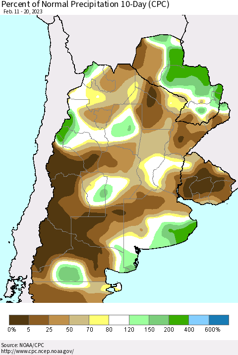 Southern South America Percent of Normal Precipitation 10-Day (CPC) Thematic Map For 2/11/2023 - 2/20/2023