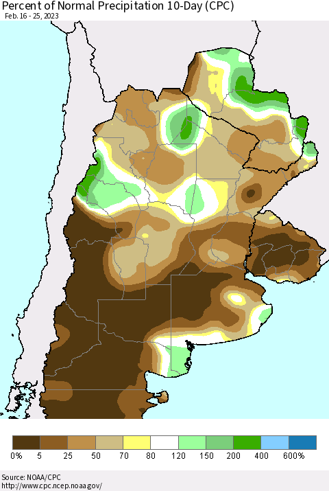 Southern South America Percent of Normal Precipitation 10-Day (CPC) Thematic Map For 2/16/2023 - 2/25/2023