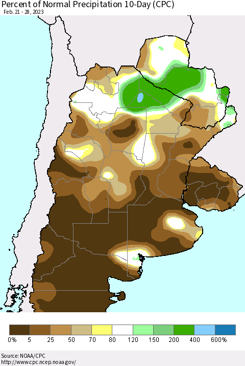 Southern South America Percent of Normal Precipitation 10-Day (CPC) Thematic Map For 2/21/2023 - 2/28/2023