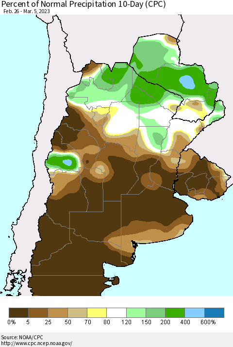 Southern South America Percent of Normal Precipitation 10-Day (CPC) Thematic Map For 2/26/2023 - 3/5/2023