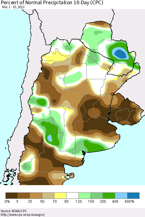 Southern South America Percent of Normal Precipitation 10-Day (CPC) Thematic Map For 3/1/2023 - 3/10/2023