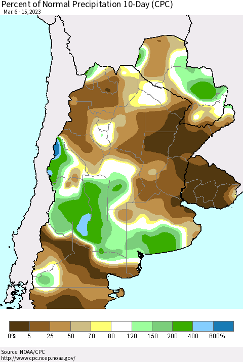 Southern South America Percent of Normal Precipitation 10-Day (CPC) Thematic Map For 3/6/2023 - 3/15/2023