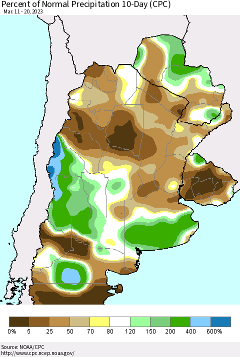 Southern South America Percent of Normal Precipitation 10-Day (CPC) Thematic Map For 3/11/2023 - 3/20/2023