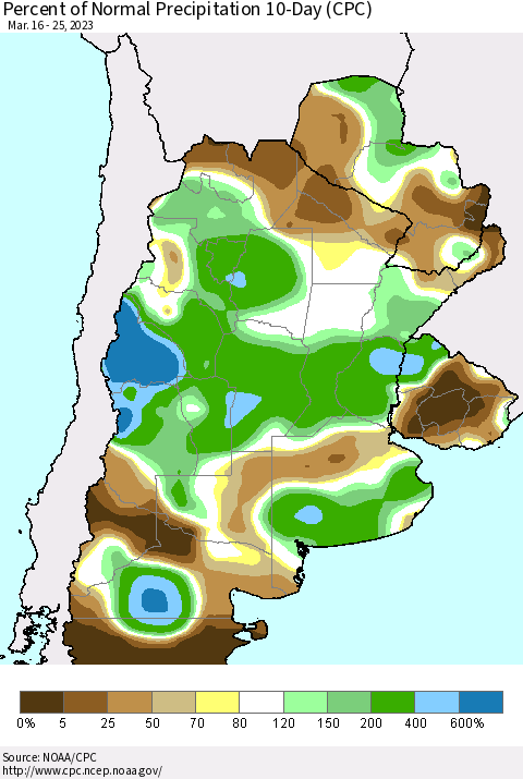 Southern South America Percent of Normal Precipitation 10-Day (CPC) Thematic Map For 3/16/2023 - 3/25/2023