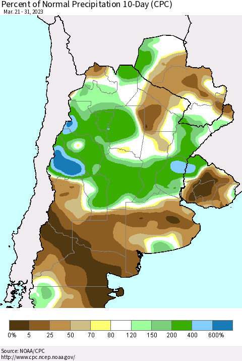 Southern South America Percent of Normal Precipitation 10-Day (CPC) Thematic Map For 3/21/2023 - 3/31/2023