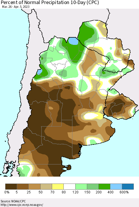 Southern South America Percent of Normal Precipitation 10-Day (CPC) Thematic Map For 3/26/2023 - 4/5/2023