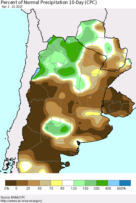 Southern South America Percent of Normal Precipitation 10-Day (CPC) Thematic Map For 4/1/2023 - 4/10/2023