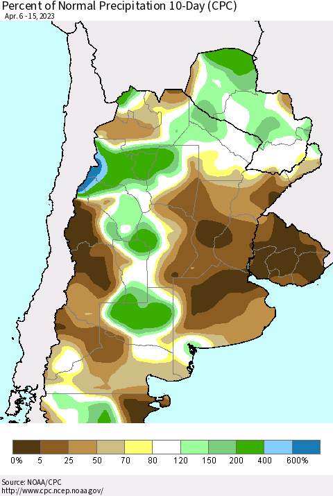 Southern South America Percent of Normal Precipitation 10-Day (CPC) Thematic Map For 4/6/2023 - 4/15/2023