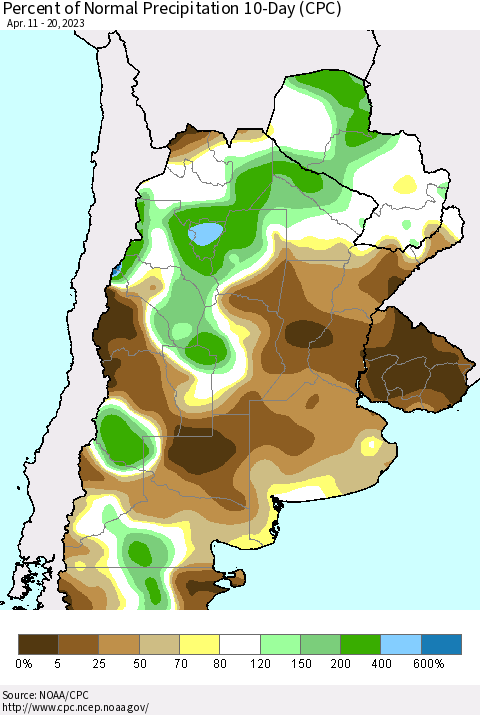 Southern South America Percent of Normal Precipitation 10-Day (CPC) Thematic Map For 4/11/2023 - 4/20/2023