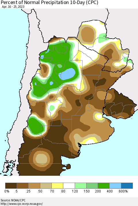 Southern South America Percent of Normal Precipitation 10-Day (CPC) Thematic Map For 4/16/2023 - 4/25/2023