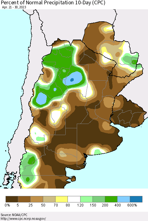 Southern South America Percent of Normal Precipitation 10-Day (CPC) Thematic Map For 4/21/2023 - 4/30/2023