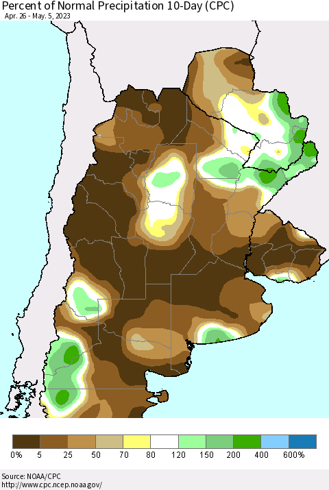 Southern South America Percent of Normal Precipitation 10-Day (CPC) Thematic Map For 4/26/2023 - 5/5/2023