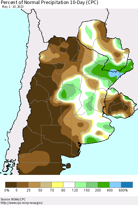 Southern South America Percent of Normal Precipitation 10-Day (CPC) Thematic Map For 5/1/2023 - 5/10/2023