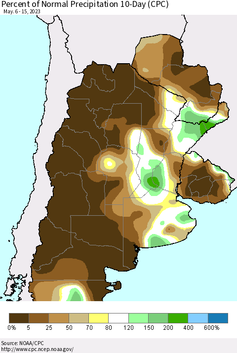 Southern South America Percent of Normal Precipitation 10-Day (CPC) Thematic Map For 5/6/2023 - 5/15/2023