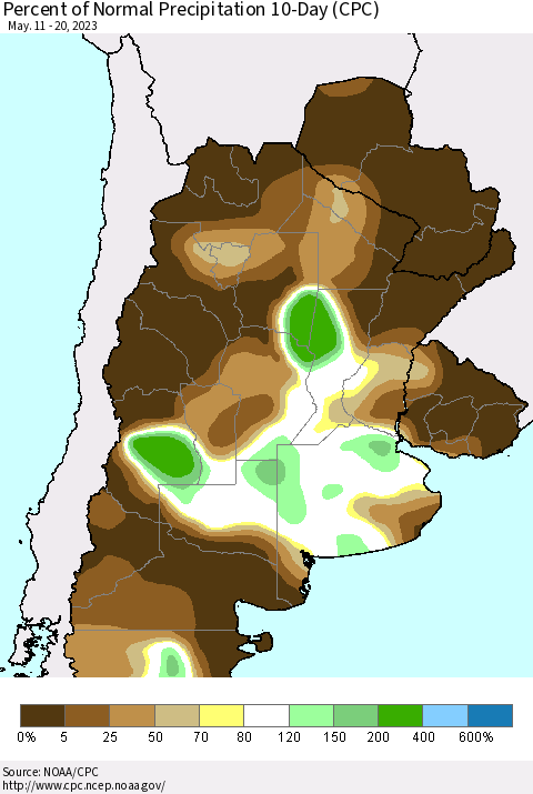 Southern South America Percent of Normal Precipitation 10-Day (CPC) Thematic Map For 5/11/2023 - 5/20/2023