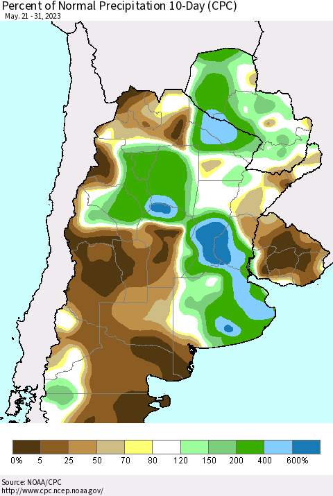 Southern South America Percent of Normal Precipitation 10-Day (CPC) Thematic Map For 5/21/2023 - 5/31/2023