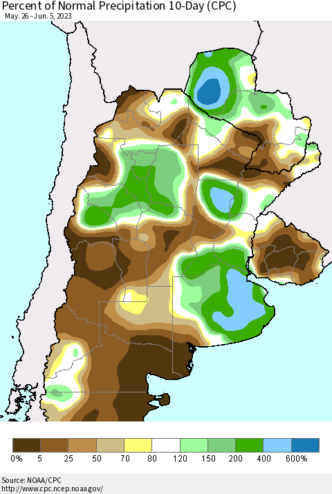 Southern South America Percent of Normal Precipitation 10-Day (CPC) Thematic Map For 5/26/2023 - 6/5/2023