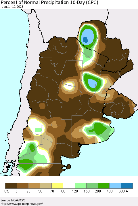 Southern South America Percent of Normal Precipitation 10-Day (CPC) Thematic Map For 6/1/2023 - 6/10/2023