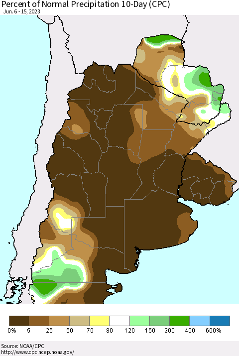 Southern South America Percent of Normal Precipitation 10-Day (CPC) Thematic Map For 6/6/2023 - 6/15/2023