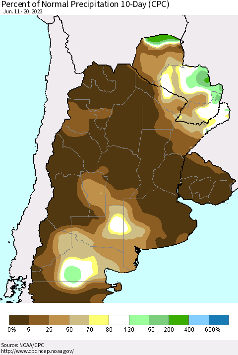 Southern South America Percent of Normal Precipitation 10-Day (CPC) Thematic Map For 6/11/2023 - 6/20/2023