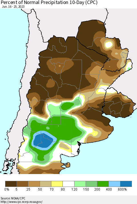 Southern South America Percent of Normal Precipitation 10-Day (CPC) Thematic Map For 6/16/2023 - 6/25/2023