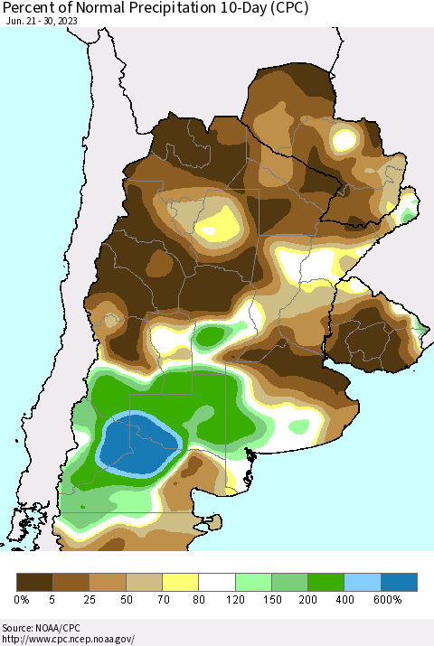 Southern South America Percent of Normal Precipitation 10-Day (CPC) Thematic Map For 6/21/2023 - 6/30/2023