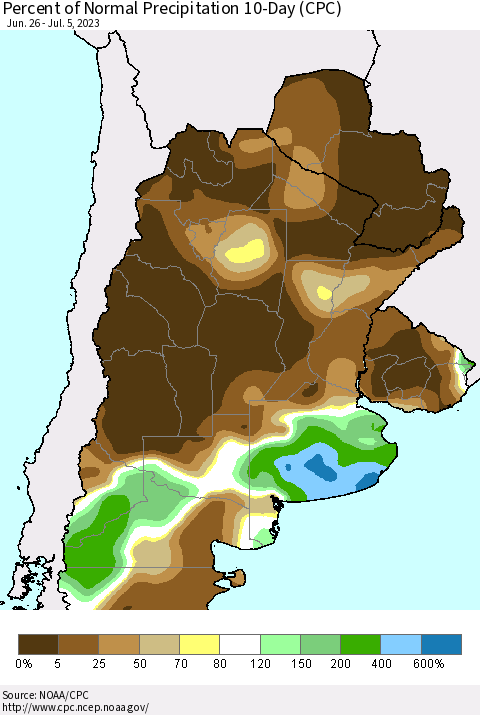 Southern South America Percent of Normal Precipitation 10-Day (CPC) Thematic Map For 6/26/2023 - 7/5/2023