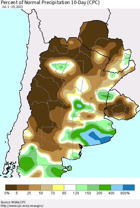 Southern South America Percent of Normal Precipitation 10-Day (CPC) Thematic Map For 7/1/2023 - 7/10/2023