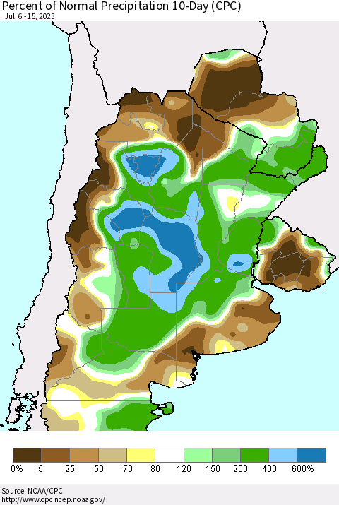 Southern South America Percent of Normal Precipitation 10-Day (CPC) Thematic Map For 7/6/2023 - 7/15/2023